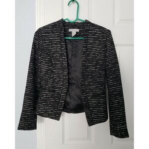 HM Black White Striped Tweed Blazer Open Front Collarless Jacket Womens Size 4